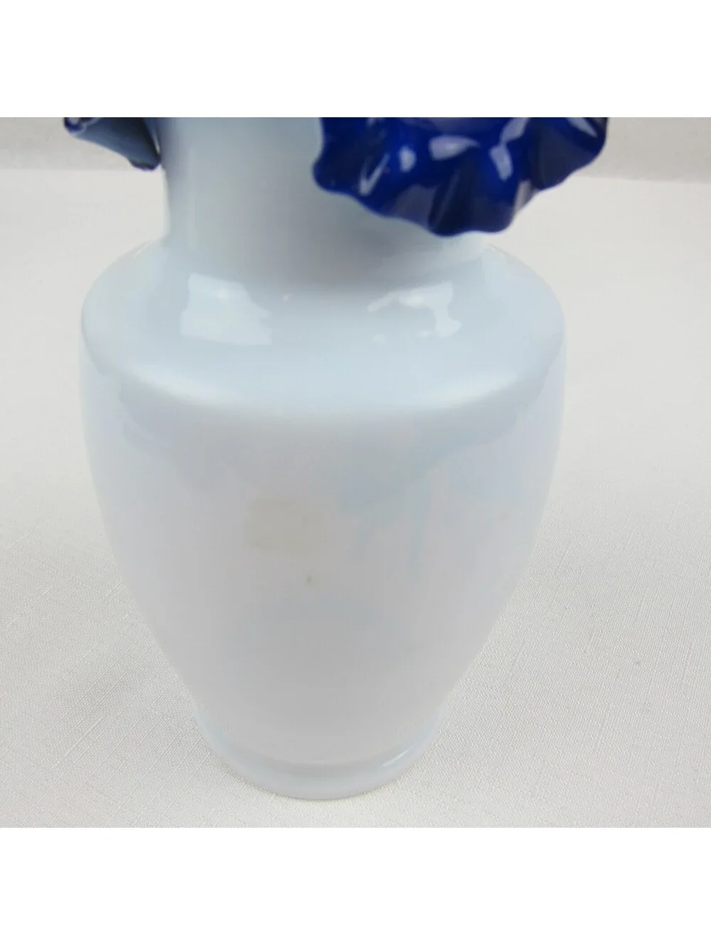 Antique Blue Opaline Glass Vase Hand Painted Floral Design Ruffled Double Crimp
